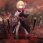 alternate_costume blonde_hair japanese_clothes planted_sword planted_weapon red_eyes red_scarf rumia sandals scarf short_hair smile solo sword tabi touhou weapon yutamaro 