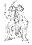  antelope couple equine horse line_art loincloth male melee_weapon monochrome plain_background polearm qzurr smile spear sword weapon white_background 