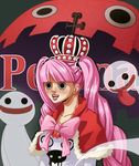  1girl battousai777 black_eyes bow character_name coreymill crown female ghost jolly_roger lipstick makeup one_piece open_mouth perona pink_hair pink_ribbon ribbon shirt short_cape simple_background smile solo thriller_bark twintails umbrella white_shirt 