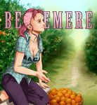  1girl basket battousai777 bellemere breasts character_name cigarette cleavage clothes_writing conomi_islands coreymill east_blue female food fruit grass mohawk one_piece orange orchard outdoors pink_hair plaid plaid_shirt ponytail sandals shirt sitting smoking solo text tree 