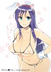  animal_ears bikini blue_eyes breasts bunny_ears covered_nipples fake_animal_ears hand_on_hip heart large_breasts long_hair looking_at_viewer nipples original purple_hair redrop see-through sketch smile solo swimsuit translation_request 