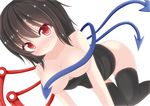  all_fours asymmetrical_wings bad_id bad_pixiv_id black_hair black_legwear blush bottomless breasts chimunge covering covering_nipples houjuu_nue large_breasts red_eyes simple_background solo thighhighs topless touhou white_background wings 