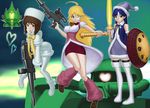  ahoge akizuki_ritsuko bell blonde_hair blue_hair boots brown_eyes brown_hair cosplay energy_sword full_moon green_eyes grin gun gundam hagiwara_yukiho heart holding holding_gun holding_sword holding_weapon hoshii_miki idolmaster idolmaster_(classic) kisaragi_chihaya kneehighs long_hair looking_at_viewer moon multiple_girls one_eye_closed pantyhose pink_footwear ribbon shield short_hair smile sword thigh_boots thighhighs wata_do_chinkuru weapon zaku 