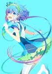  absurdres aoki_lapis aqua_background bad_id bad_pixiv_id blue blue_eyes blue_hair gloves highres long_hair microphone music open_mouth scarf singing smile solo temari_(deae) thighhighs tourmaline twintails very_long_hair vocaloid white_legwear zettai_ryouiki 