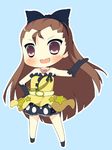  amakara_surume bad_id bad_pixiv_id blue_background blush brown_hair chibi gloves idolmaster idolmaster_(classic) long_hair lowres minase_iori open_mouth simple_background smile solo 