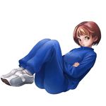  bad_id bad_pixiv_id brown_eyes brown_hair crossed_arms full_body knees_up looking_at_viewer niwa_(nobody) original pants shoes simple_background sitting sneakers solo track_pants track_suit white_background 
