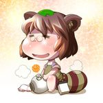  =_= alcohol animal_ears barefoot between_legs bloomers_removed blush bottle brown_hair chamupei chibi closed_eyes futatsuiwa_mamizou glasses highres leaf leaf_on_head pee peeing peeing_in_bottle raccoon_ears raccoon_tail sake shirt sitting skirt smile solo tail tanuki touhou 