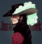  1boy battousai777 black_hair black_hat character_name coreymill dracule_mihawk facial_hair feather feathers grey_background hat hat_feather jacket lining looking_at_viewer male male_focus mustache one_piece popped_collar profile shichibukai simple_background solo yellow_eyes 