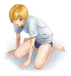  androgynous arm_support bad_id bad_pixiv_id bare_legs barefoot blonde_hair buruma copyright_request full_body looking_up niwa_(nobody) open_mouth shirt short_hair short_sleeves sitting solo sportswear toes wariza 