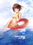  :o bad_id bad_pixiv_id bikini blue_eyes blush breasts brown_hair cloud day glasses highres innertube ktsis navel open_mouth original short_hair small_breasts solo swimsuit wading water 