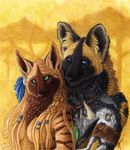  abstract_background african_wild_dog anthro blue_eyes canine couple duo embrace female green_eyes hyena kikivuli male mammal qzurr smile striped_hyena topless tribal utunu wild_african_dog 