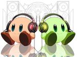  blue_eyes blush fifty_wind green_eyes headphones heart kirby kirby_(character) 