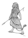  african digitigrade feline lion male mammal mane monochrome plain_background polearm qzurr solo spear standing warrior white_background 