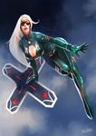  artist_request bodysuit boomerang breasts cleavage cleavage_cutout gloves large_breasts league_of_legends leaning_forward lips lipstick long_hair makeup silver_hair sivir solo visor weapon 