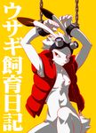  bondage bound chain chest_tuft coat fur inumania japanese_text king_kazma king_kazuma lagomorph male mammal nipples plain_background rabbit red_eyes summer_wars text tuft wauwa yellow_background 