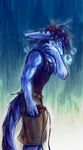  antlers belt biceps blue blue_background blue_eyes blue_fur blue_hair blue_skin clothing dragon eyewear fur glasses hair horn jump_rope kuron male muscles pecs plain_background pointy_ears pose rain scales scalie shirt shorts simple_background solo standing tank_top tight_clothing 