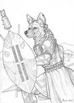  african_wild_dog brave canine line_art mammal monochrome polearm qzurr shield smile spear tribal 