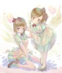  blush bow brown_hair dress futami_mami hagiwara_yukiho hair_bow idolmaster idolmaster_(classic) multiple_girls short_hair side_ponytail sitting sketch standing wariza yae_(mono110) 