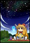  blonde_hair blush_stickers bow closed_eyes crossover cup dora_ita gen_3_pokemon gourd horn_bow horns hug ibuki_suika jirachi looking_up night pokemon pokemon_(creature) sakazuki shooting_star sitting sky solo star_(sky) starry_sky tanabata tanzaku touhou tree yellow_eyes 