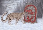  amur blue_eyes digitigrade feline feral forest leopard male mammal qzurr runes snow snow_leopard solo stone tree winter wood 