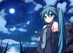  amakara_surume arms_behind_back bad_id bad_pixiv_id blush detached_sleeves flat_chest full_moon green_eyes green_hair hatsune_miku long_hair moon necktie night solo twintails very_long_hair vocaloid water 
