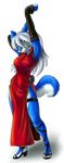  angello_cauich blue_fur canine chinese_dress dress elbow_gloves female fur gloves grey_eyes grey_hair hair high_heels mammal raised_arm solo 