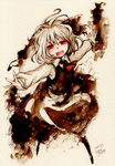  ascot blonde_hair colored_pencil_(medium) fangs hair_ribbon highres looking_at_viewer md5_mismatch open_mouth outstretched_arms red_eyes ribbon rumia sakurai_haruto shirt short_hair skirt skirt_set smile solo touhou traditional_media vest watercolor_(medium) watercolor_pencil_(medium) 