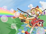  ascot blonde_hair bubble closed_eyes cloud day flandre_scarlet hat hat_ribbon infernal_orchestrina open_mouth parody pyroland rainblower rainbow ribbon short_hair side_ponytail skirt sky smile solo team_fortress_2 the_pyro touhou wings zassou_maruko 