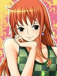  1girl breasts checkered checkered_shirt chin_rest earrings green_shirt jewelry kodamashi large_breasts looking_at_viewer nami nami_(one_piece) one_piece orange_hair shirt smile solo 