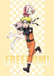  1boy 1girl barefoot bike_shorts blonde_hair blue_eyes feet forehead_protector green_eyes haruno_sakura hirotsugu_minami nanji3 naruto pink_hair pixiv_thumbnail resized short_hair sleeveless uzumaki_naruto 