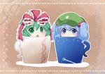  blue_eyes blue_hair chestnut_mouth chibi commentary_request cup green_eyes green_hair hair_bobbles hair_ornament hair_ribbon hammer_(sunset_beach) hat in_container in_cup kagiyama_hina kawashiro_nitori multiple_girls outline ribbon smile touhou two_side_up 