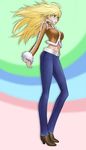  ahoge belt blonde_hair denim fur_trim green_eyes hoshii_miki idolmaster idolmaster_(classic) jacket jeans long_hair midriff pants solo wata_do_chinkuru 