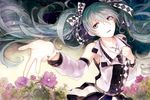  anemone_(flower) aqua_eyes aqua_hair argyle arm_up bad_id bad_pixiv_id detached_sleeves flower grey_nails hair_ribbon hatsune_miku jewelry long_hair nail_polish necklace outstretched_arm ribbon scissors solo twintails uraki_(tetsu420) very_long_hair vocaloid 