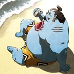  1boy alcohol beach beer black_hair blue_skin can drinking fat fat_man jimbei jolly_roger male male_focus monster_boy obese ocean one_piece outdoors pirate plump sitting solo swim_trunks tatoo tattoo topless tusks webbed_hands 