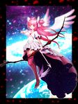  arm_at_side arrow boots bow bow_(weapon) choker drawing_bow dress gloves hair_bow hair_ribbon holding holding_arrow holding_bow_(weapon) holding_weapon kaname_madoka long_hair mahou_shoujo_madoka_magica pink_footwear pink_hair pink_legwear planet ribbon senkon solo thighhighs two_side_up ultimate_madoka weapon white_gloves wings yellow_eyes zettai_ryouiki 