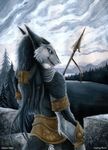  armor guardian male melee_weapon polearm qzurr sergal smirk snow solo spear topless winter 