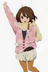  arm_up artist_request brown_eyes brown_hair brown_legwear churro hair_ornament hairclip highres hirasawa_yui jpeg_artifacts k-on! k-on!_movie london pantyhose solo 