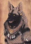  anthro armlet brown_background ear_piercing hyena looking_at_viewer male mammal necklace piercing plain_background portrait qzurr smile solo yellow_eyes 