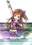  belt blush boots brown_hair dj gloves gotou_hisashi hair_ribbon headphones highres jewelry long_hair necklace one_side_up open_mouth original phonograph plaid plaid_skirt pleated_skirt purple_eyes ribbon see-through skirt smile solo speaker turntable 