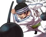  1boy black_hair east_blue fighting gin_(one_piece) headband jolly_roger male male_focus one_piece simple_background solo tongue weapon white_pants 