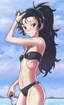  arm_up armpits bangs bikini black_bikini black_hair blush bottle brown_eyes character_request cloud commentary_request copyright_request day flat_chest freckles halterneck hand_in_hair hand_on_own_head highres holding long_hair looking_at_viewer looking_back matsuda_yuusuke mole mountain o-ring o-ring_bikini o-ring_bottom o-ring_top ocean outdoors ponytail profile ribs skinny sky smile solo standing strapless sweat swimsuit tubetop water water_bottle wavy_hair wet 