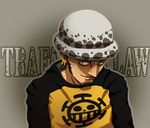  battousai777 black_hair character_name coreymill earrings facial_hair goatee grey_background hat hood hoodie jewelry jolly_roger looking_at_viewer male male_focus one_piece pirate raglan_sleeves shadowed_eyes simple_background solo trafalgar_law 