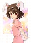  animal_ears arms_behind_back blush brown_hair bunny_ears bunny_tail inaba_tewi looking_at_viewer mitsuki_yuuya open_mouth red_eyes short_hair smile solo tail touhou 