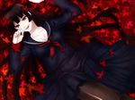  black_hair black_serafuku breasts cleavage grin hime_cut kanoe_yuuko large_breasts leaf long_hair loup-garou lying on_back open_mouth pantyhose pleated_skirt red_eyes school_uniform serafuku skirt smile solo tasogare_otome_x_amnesia 