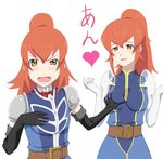  2girls armor belt blush breast_grab breasts chastel_aiheap elbow_gloves frills gloves grabbing hisca_aiheap long_hair multiple_girls open_mouth orange_hair ponytail ribbon ribonzu tales_of_(series) tales_of_vesperia tales_of_vesperia:_the_first_strike yellow_eyes 