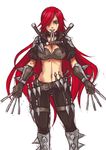  belt bracelet breasts dagger exaxuxer gloves green_eyes jewelry katarina_du_couteau knife kunai large_breasts league_of_legends long_hair midriff navel red_hair scar simple_background solo spiked_bracelet spikes throwing_knife too_many too_many_knives very_long_hair weapon 