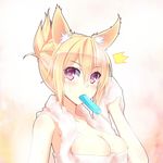  1girl animal_ears bad_id bad_pixiv_id blonde_hair breasts cleavage food highres large_breasts long_hair naked_towel original outline pink_eyes popsicle solo towel towel_around_neck zeroshiki_kouichi 