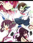  achiga_school_uniform bad_id bad_pixiv_id brown_hair glowing glowing_eyes green_eyes hanada_kirame kirorio_(maio) lightning long_hair mahjong mahjong_tile matsumi_kuro miyanaga_teru multiple_girls necktie onjouji_toki red_eyes red_hair ribbon saki saki_achiga-hen school_uniform senriyama_school_uniform serafuku shindouji_school_uniform shiraitodai_school_uniform short_hair smile tears twintails 