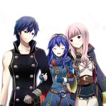  2girls :d arm_grab armor belt blue_eyes blue_hair blush cape cloak closed_eyes family father_and_daughter female_my_unit_(fire_emblem:_kakusei) fingerless_gloves fire_emblem fire_emblem:_kakusei gloves husband_and_wife krom long_hair lucina machinosuke mother_and_daughter multiple_girls my_unit_(fire_emblem:_kakusei) open_mouth pink_eyes pink_hair skirt smile tiara 