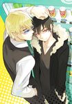  black_hair blonde_hair durarara!! fur_trim glasses heiwajima_shizuo male_focus multiple_boys orihara_izaya red_eyes shokill vending_machine vest waistcoat yellow_eyes 